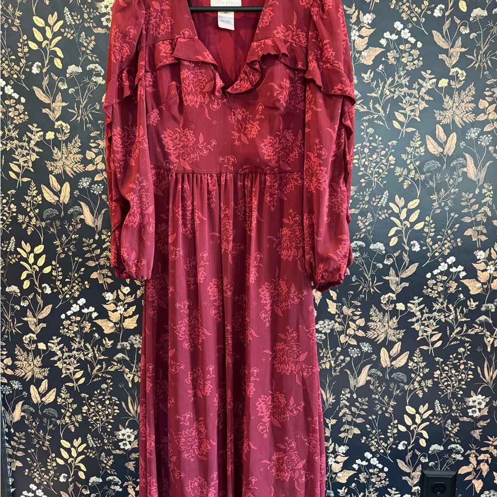 Anthropologie Burgundy Floral Long Sleeve Dress